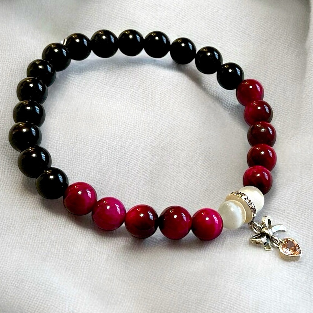 Pink Cherry and Black Agate aromatherapy banded bracelet 925 Silver 🎀 Charm